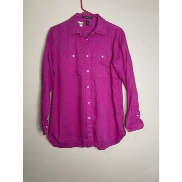 Lauren Ralph Lauren 100% Linen Long Sleeve Button Up Shirt Women Size Medium - Picture 10 of 10